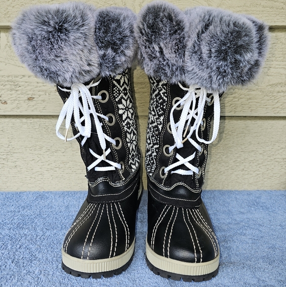 London Fog Melton 2 Women's Faux Fur Trim BB-Black Winter Lace-Up Boots Size 7M - Picture 3 of 6